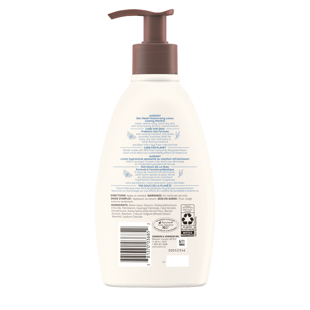 Panneau arrière du flacon de la lotion hydratante apaisante AVEENO® au menthol rafraîchissant