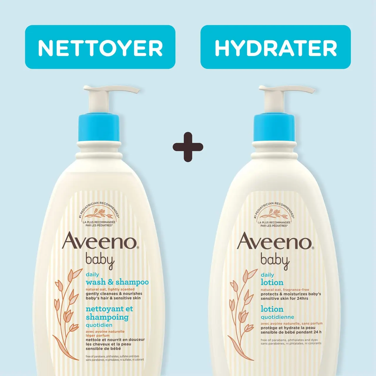 Flacons-pompe de 532 ml chacun du nettoyant et shampooing quotidien, et de la lotion quotidienne AVEENO® pour bébés