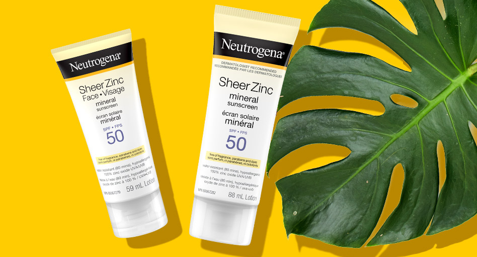 Banner including two Neutrogena® Sheer Zinc Mineral Sunscreen SPF 50, squeeze tubes, 88 ml and 59mL and a monstera leaf.