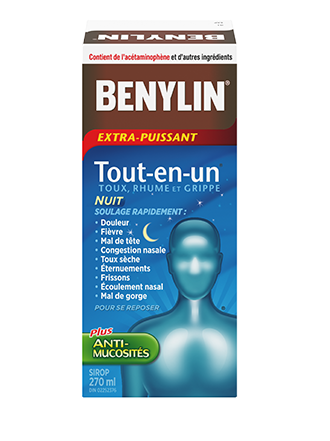 Sirop BENYLIN® Tout-en-un® RHUME ET GRIPPE, NUIT, 270 ml. Soulage : Douleur, fièvre, mal de tête, mucosités, congestion nasale, toux sèche, éternuements, frissons, écoulement nasal et mal de gorge, pour se reposer.