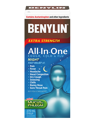 BENYLIN® All‑In‑One® COLD AND FLU NIGHT Syrup, 270mL. For relief of: pain, fever, headache, mucus & phlegm, nasal congestion, dry cough, sneezing, chills runny nose, sore throat pain so you can rest