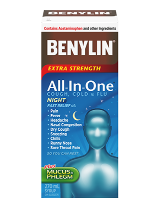 BENYLIN® All‑In‑One® COLD AND FLU NIGHT Syrup, 270mL. For relief of: pain, fever, headache, mucus & phlegm, nasal congestion, dry cough, sneezing, chills runny nose, sore throat pain so you can rest