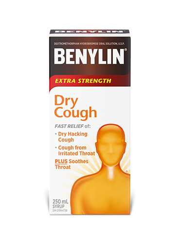 Benylin Regular Strength Dry Cough syrup, 100mL. For relief of: dry hacking cough and irritated throat.