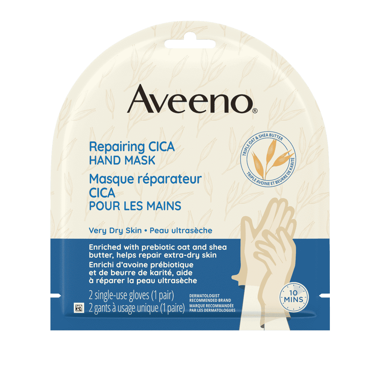 Panneau avant de l'emballage du masque réparateur CICA pour les mains AVEENO®