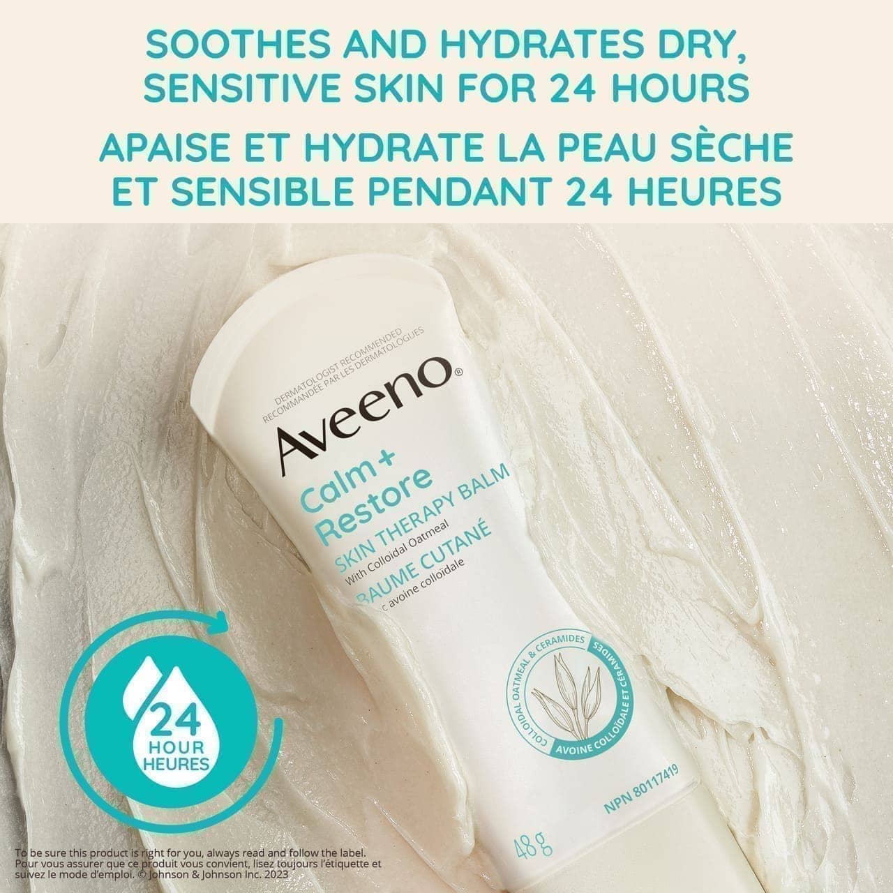 Baume cutané AVEENO® Calm + Restore, en tube à presser de 48 g, et revendication disant « Apaise et hydrate la peau sèche et sensible pendant 24 heures »