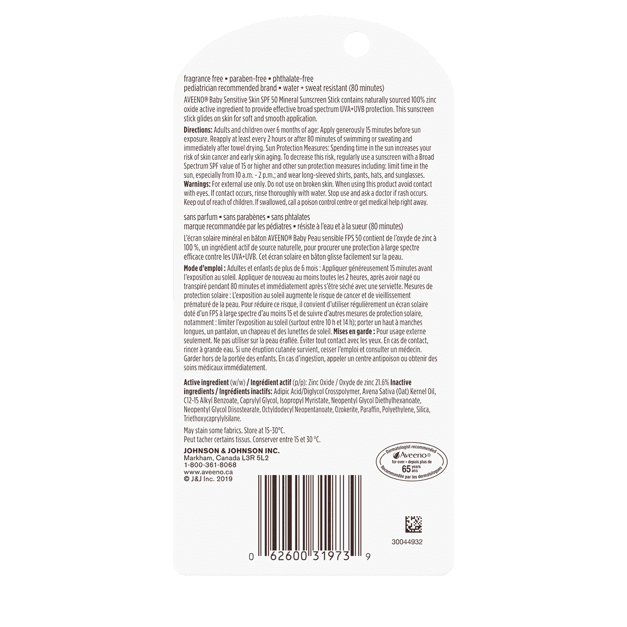 A packet of AVEENO® Baby Sensitive Skin Mineral sunscreen stick SPF 50, 13g, back label