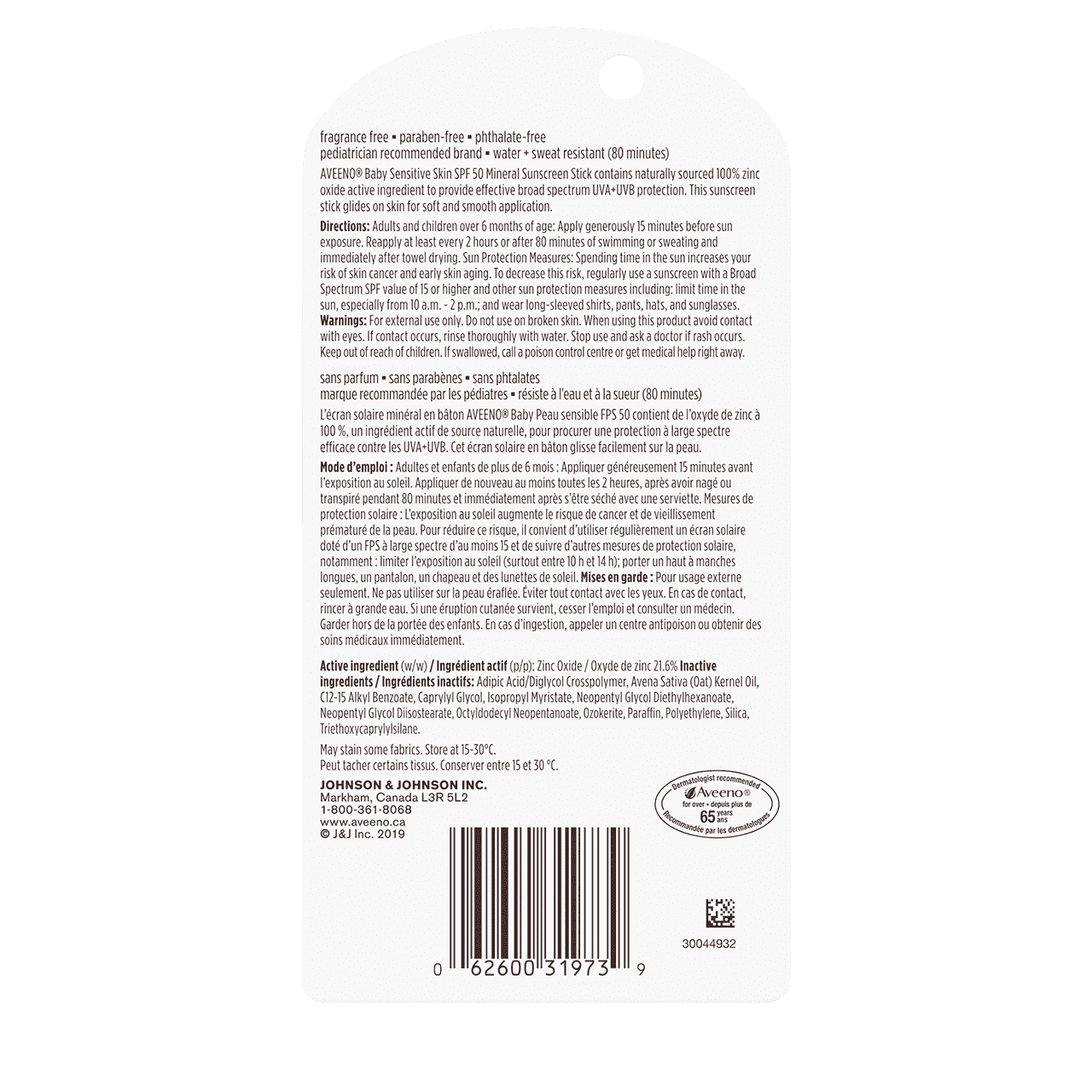 A packet of AVEENO® Baby Sensitive Skin Mineral sunscreen stick SPF 50, 13g, back label