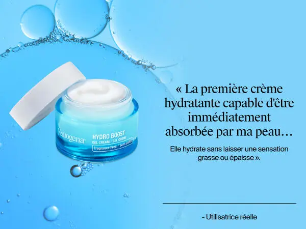 Photo de face du gel-crème Neutrogena Hydro Boost avec le couvercle ouvert, montrant le produit à l’intérieur à côté d’un avis client