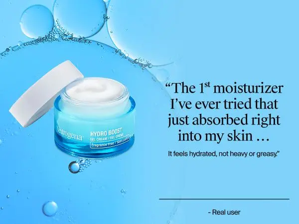 Front shot of Neutrogena Hydro Boost Gel Cream with open lid, showing the product inside next to a customer review