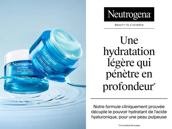 Deux pots de gel-crème Neutrogena Hydro Boost, dont l’un sans couvercle, laissant apparaître le produit à l’intérieur
