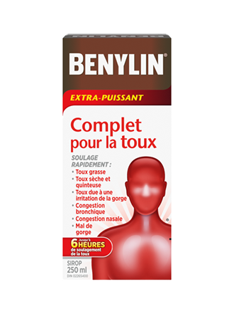 Sirop BENYLIN® Extra-puissant Toux plus soulagement du rhume, 250 ml. Soulage : Toux, congestion bronchique, congestion nasale et mal de gorge.