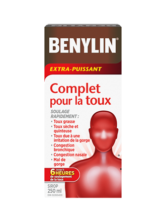 Sirop BENYLIN® Extra-puissant Toux plus soulagement du rhume, 250 ml. Soulage : Toux, congestion bronchique, congestion nasale et mal de gorge.
