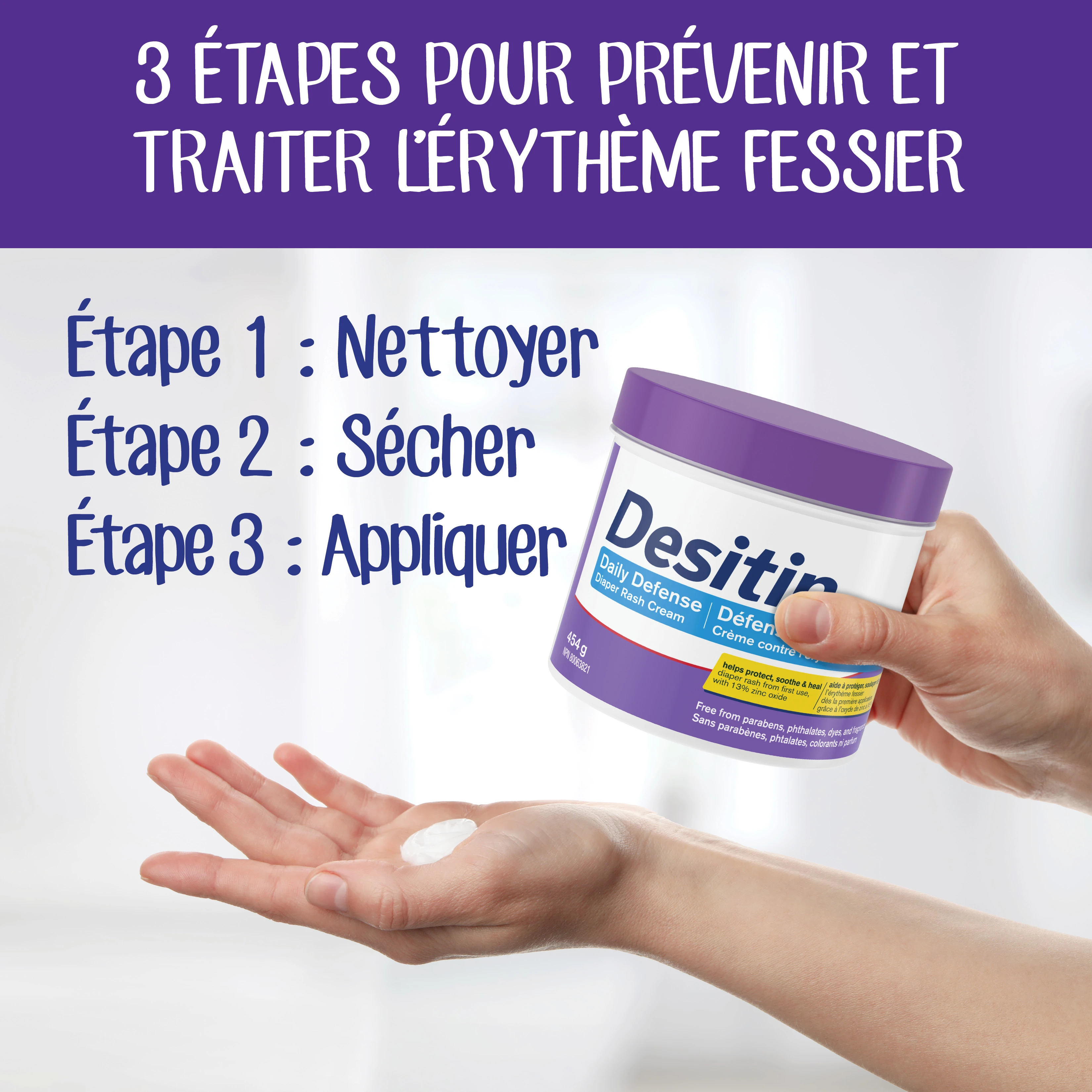Photo de face de l’emballage de crème contre l’érythème fessier Défense quotidienne de Desitin®