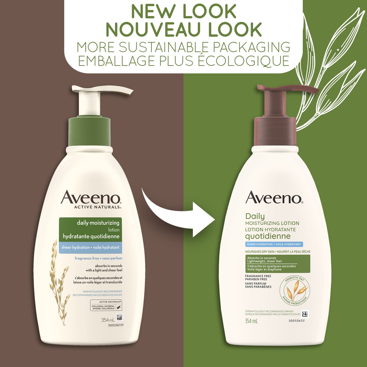 Ancien et nouvel emballage du flacon de 532 ml de la lotion hydratante quotidienne AVEENO® Voile hydratant, avec la mention "nouveau look"