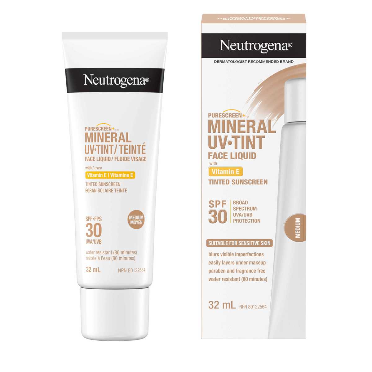 Panneaux avant du fluide visage UV-Teinté mineral NEUTROGENA® Purescreen+MC Moyen, FPS 30, boîte et tube à presser de 32 ml