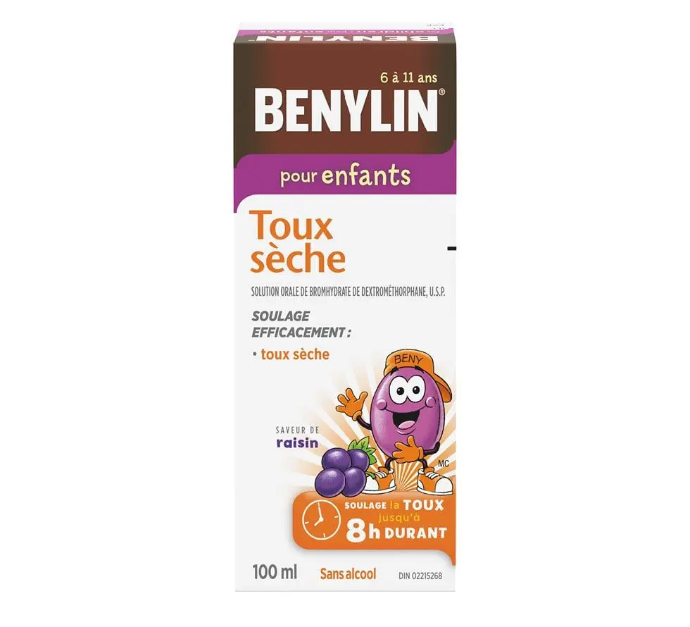 Sirop BENYLIN® pour enfants Toux sèche, saveur de raisin, 100 ml. Soulage : Toux sèche.