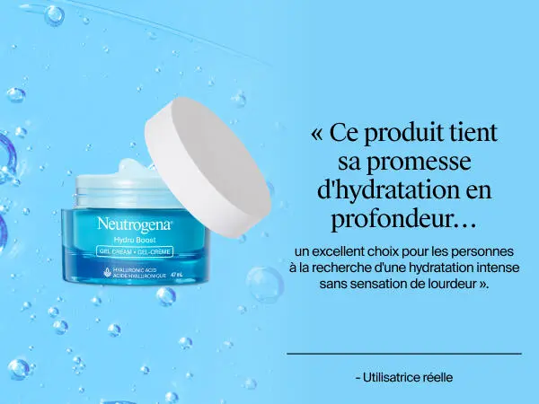 Photo de face du gel-crème Neutrogena Hydro Boost avec le couvercle ouvert, montrant le produit à l’intérieur à côté d’un avis client