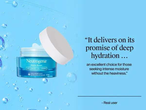 Front shot of Neutrogena Hydro Boost Gel Cream with open lid, showing the product inside next to a customer review