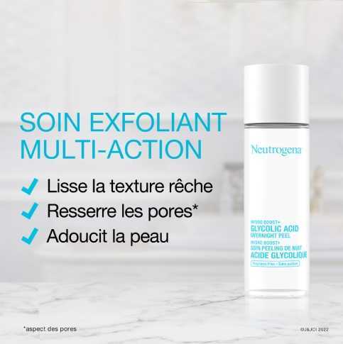 Flacon de soin peeling de nuit Hydro Boost+ Acide glycolique et texte disant «Soin exfoliant multi-action, lisse la texture rêche, resserre les pores, adoucit la peau»