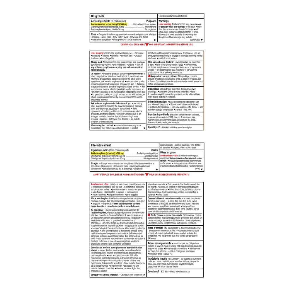 Benadryl's Extra Strength Allergy, Sinus & Pain Tablets drug facts