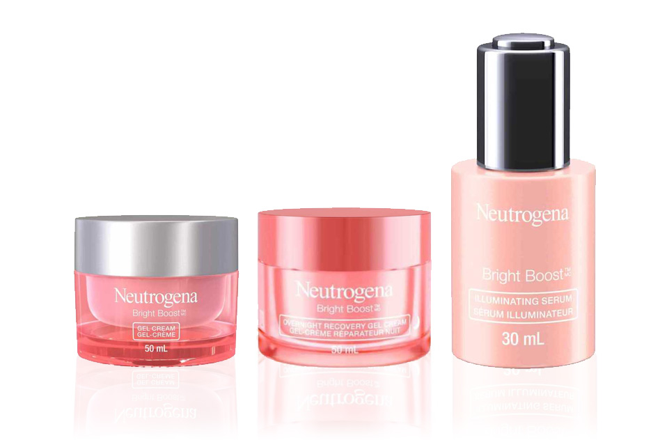 Banner including NEUTROGENA® Bright Boost™ Overnight Recovery Gel Cream 50mL jar, Gel Cream 50 mL jar and Illuminating Serum, 30 mL