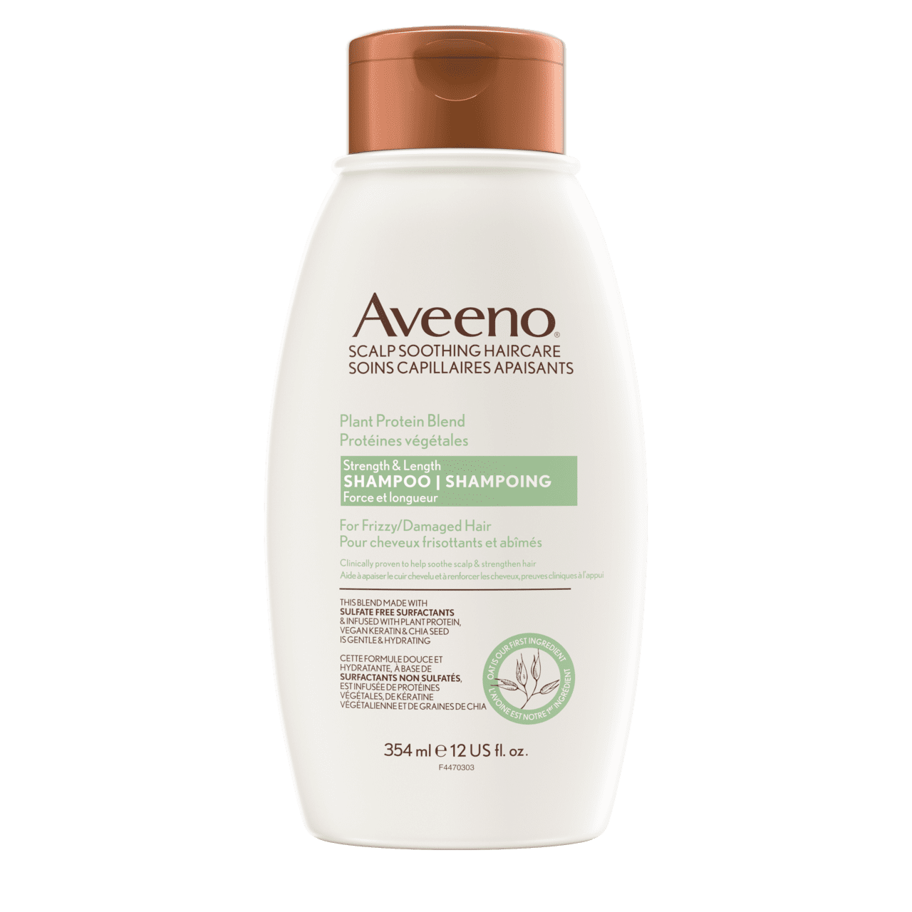 Front shot of AVEENO® Plant Protein Blend Strength & Length Hair Shampoo squeeze bottle, 354mL