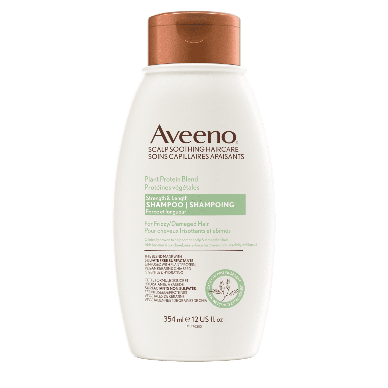 Photo avant d’un flacon compressible de shampoing AVEENO® Protéines végétales Force et longueur, 354 ml