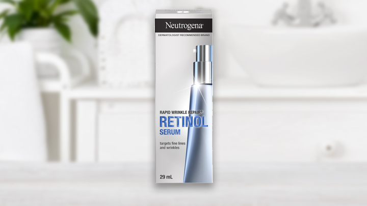 Banner including a package of NEUTROGENA® RAPID WRINKLE REPAIR® RETINOL Serum, 29mL