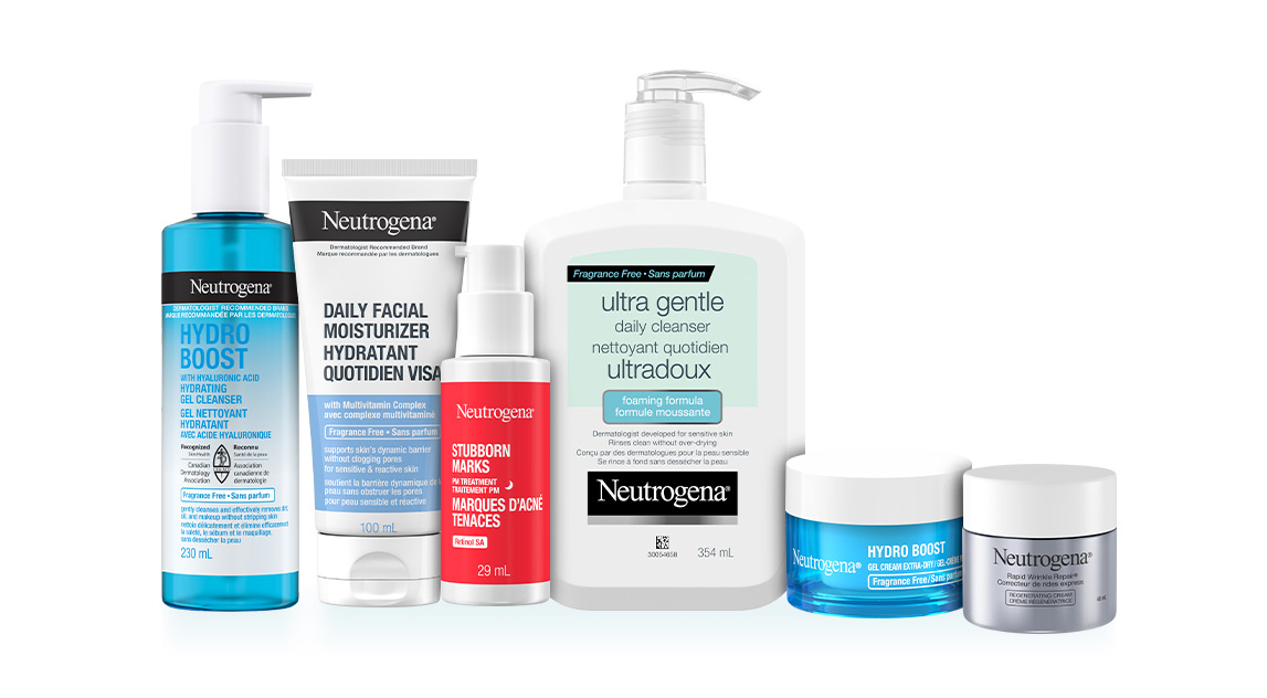 Bannière illustrant six soins pour la peau Neutrogena