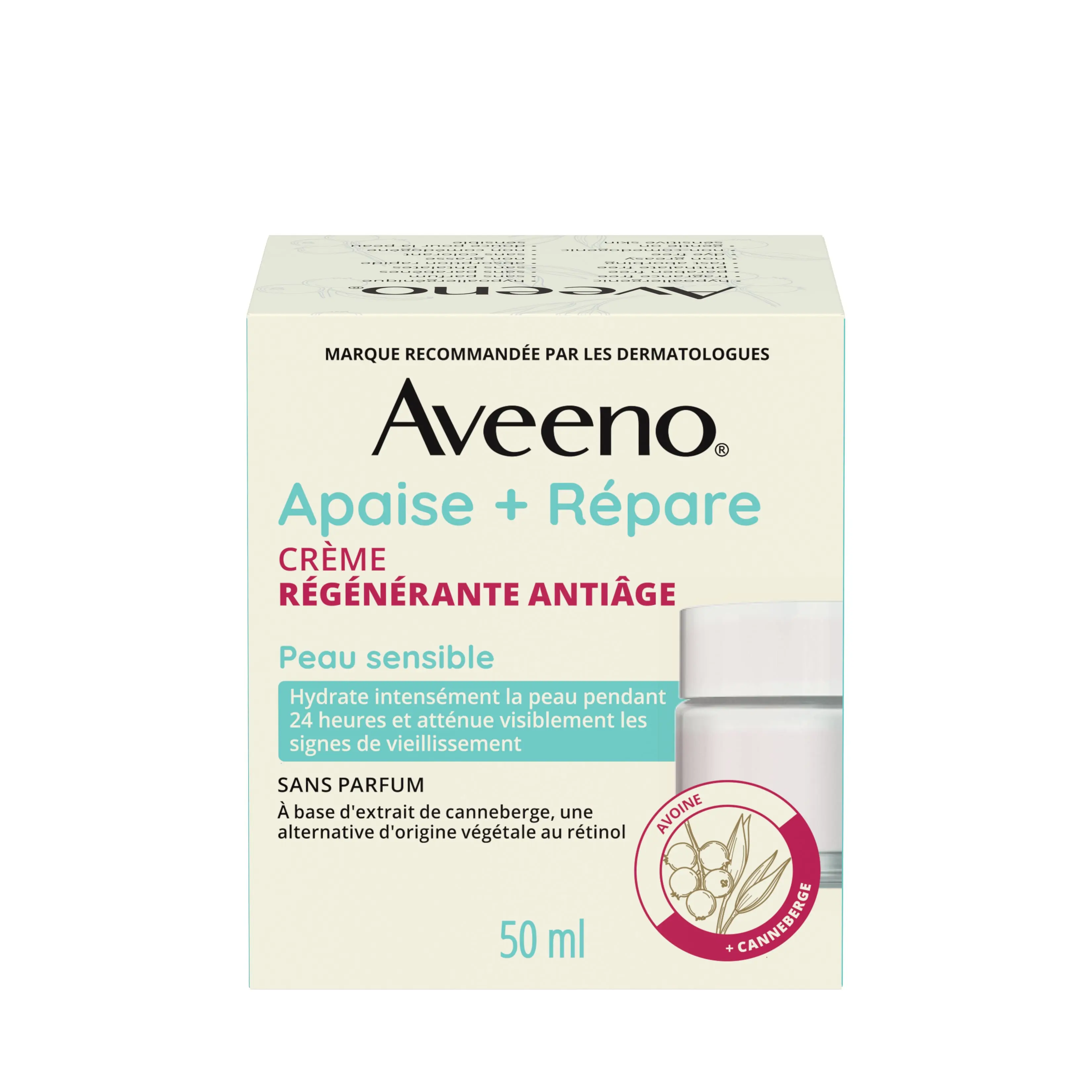 Photo du devant de l’emballage de la crème pour le visage AVEENO® régénérante antiâge Calm + Restore