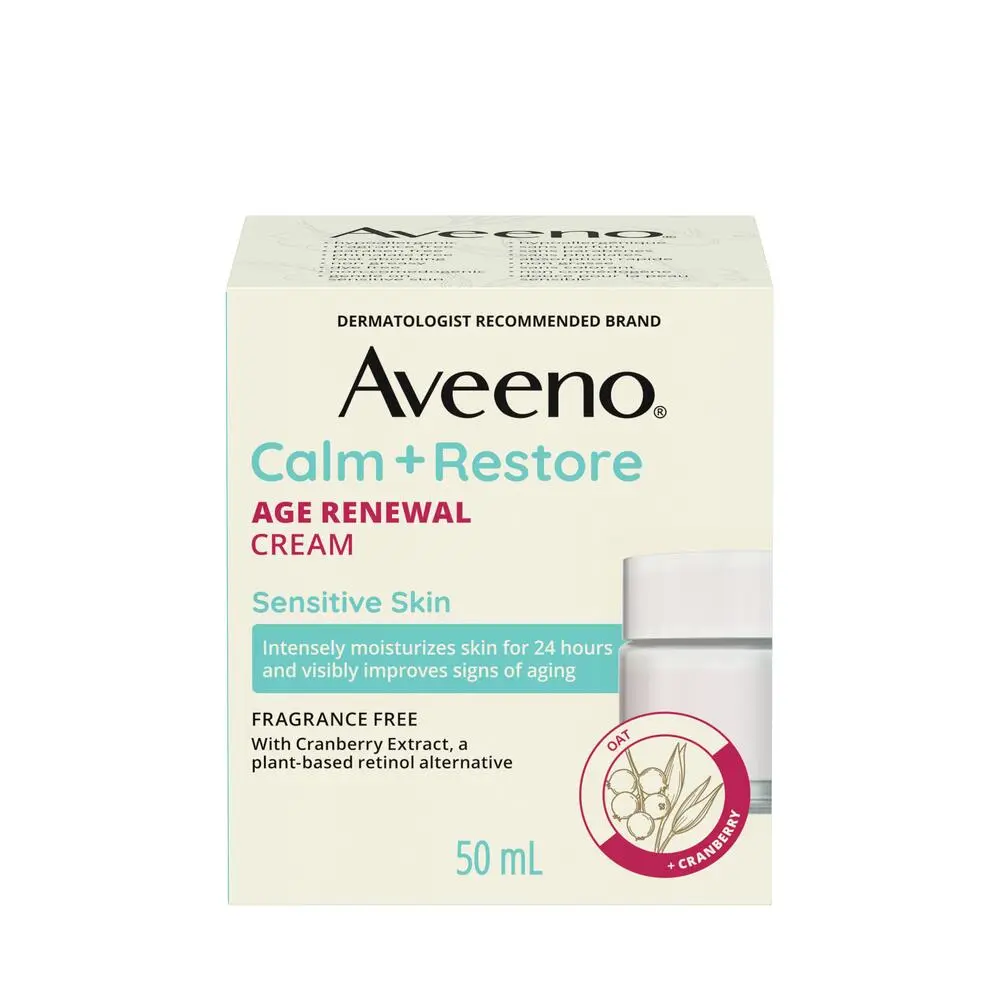 The front shot of AVEENO® Calm + Restore Age Renewal Face Cream product packaging