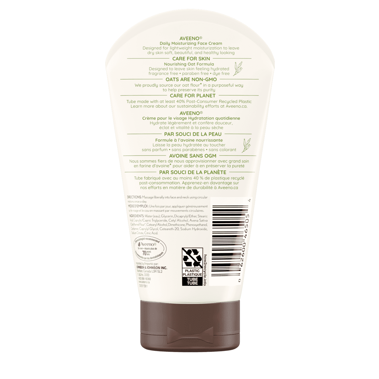 Arrière du tube de 141 g de crème pour le visage Hydratation quotidienne Aveeno®