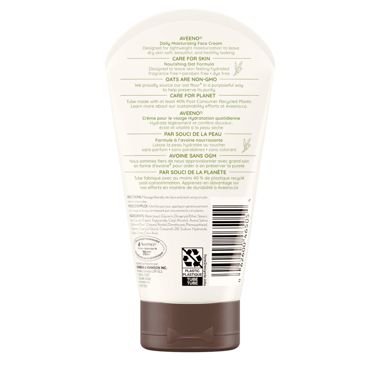 Back Shot of Tube of Aveeno® Daily Moisturizing Face Cream in 141g