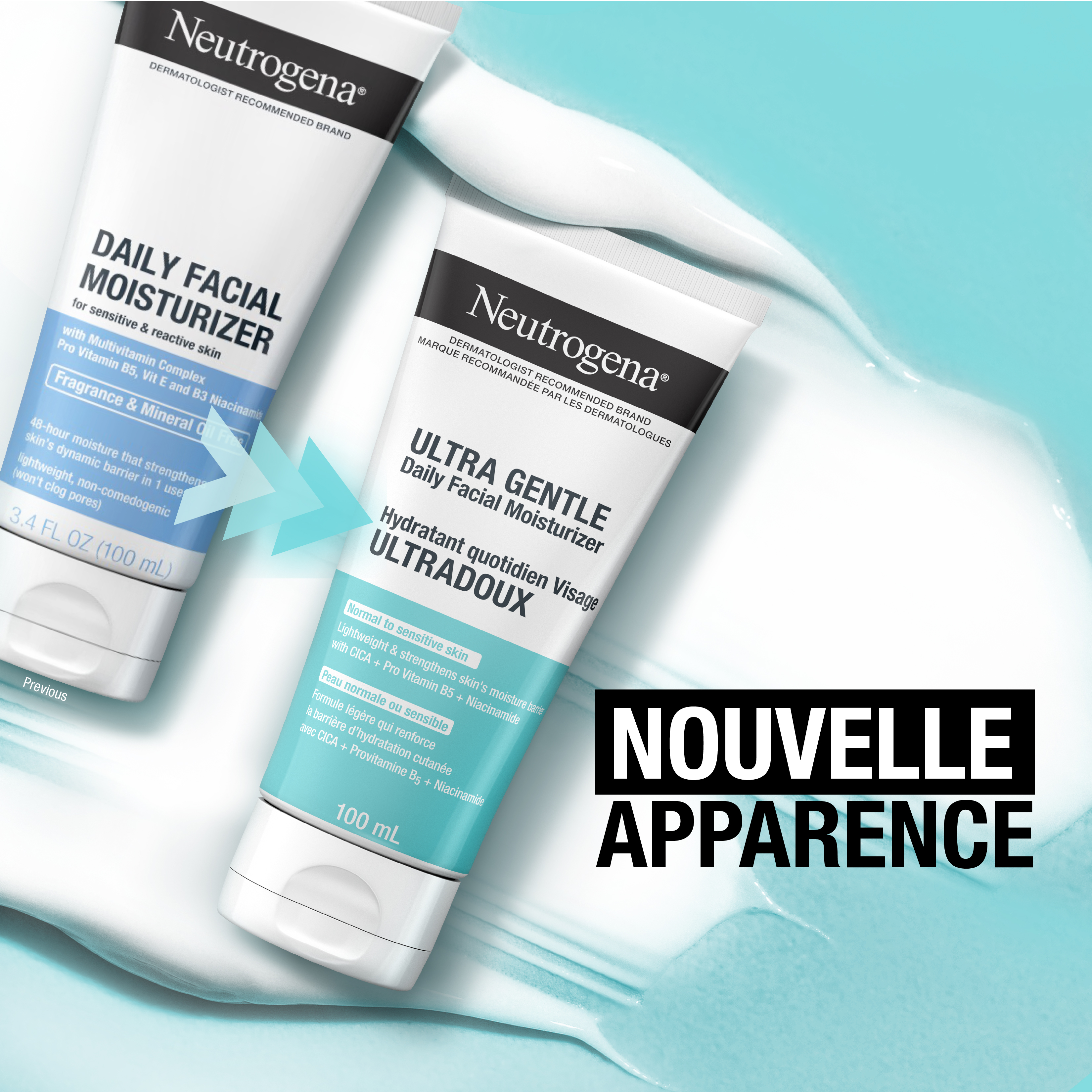 L’ancienne et la nouvelle apparence de l’hydratant ultradoux Neutrogena®, tube compressible de 100 mL