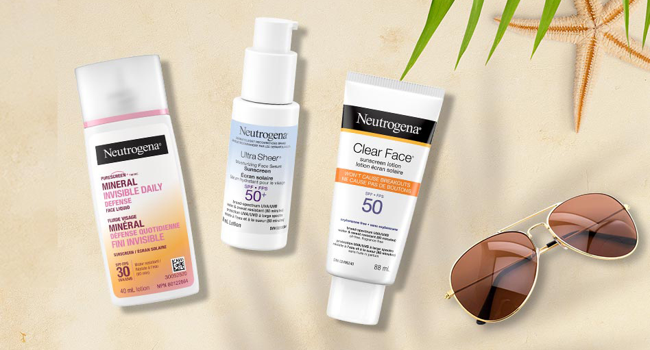 Bannière illustrant la lotion écran solaire Neutrogena® CLEAR FACE®, FPS 50; l’écran solaire fluide minéral Visage Neutrogena® Purescreen+® Défense quotidienne Fini invisible, FPS 30; et l’écran solaire Neutrogena® ULTRA SHEER® Sérum hydratant pour le vis