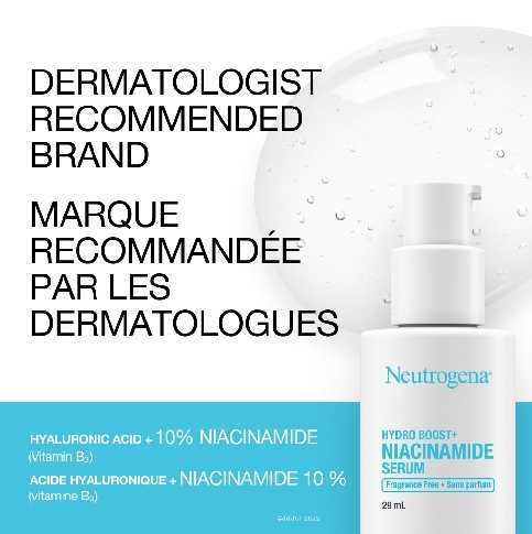 Bouteille de sérum au niacinamide Hydro Boost+ avec le texte « marque recommandée par les dermatologues »