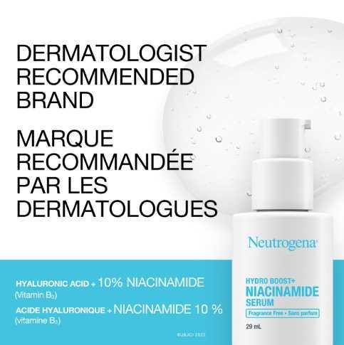 Hydro Boost+ Niacinamide Serum bottle with the text "dermatologist recommended brand"