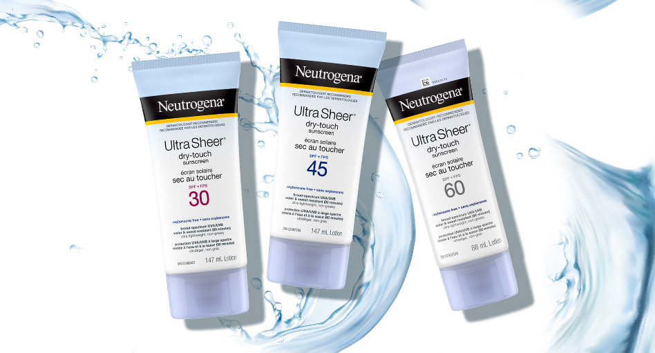 Banner including three Neutrogena® Ultra Sheer® sunscreen, squeeze tubes, SPF 30, 45 and 60.