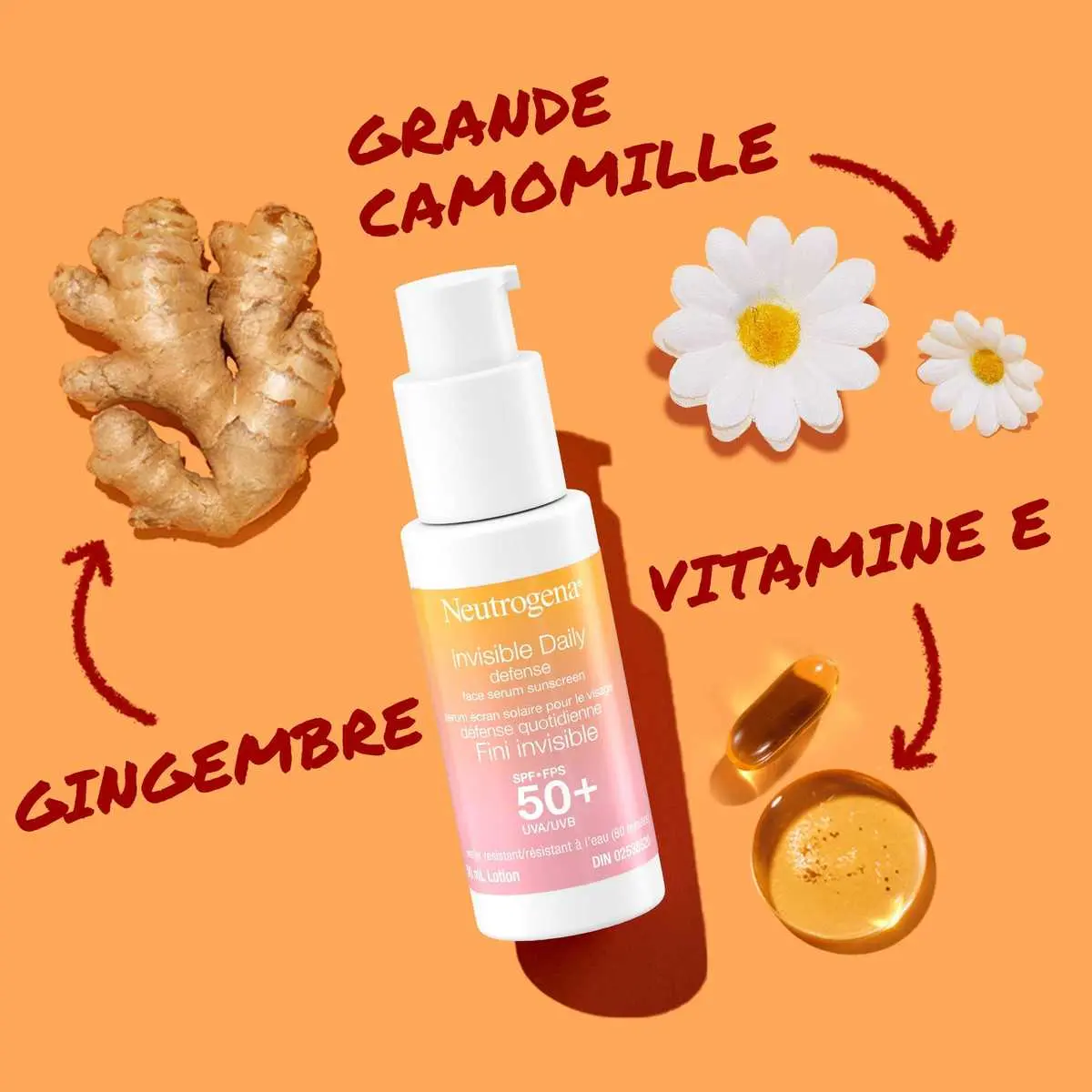 Sérum écran solaire pour le visage Neutrogena® Défense quotidienne Fini invisible, FPS 50+, flacon-pompe contenant du gingembre, de la vitamine E et des ingrédients de grande camomille.