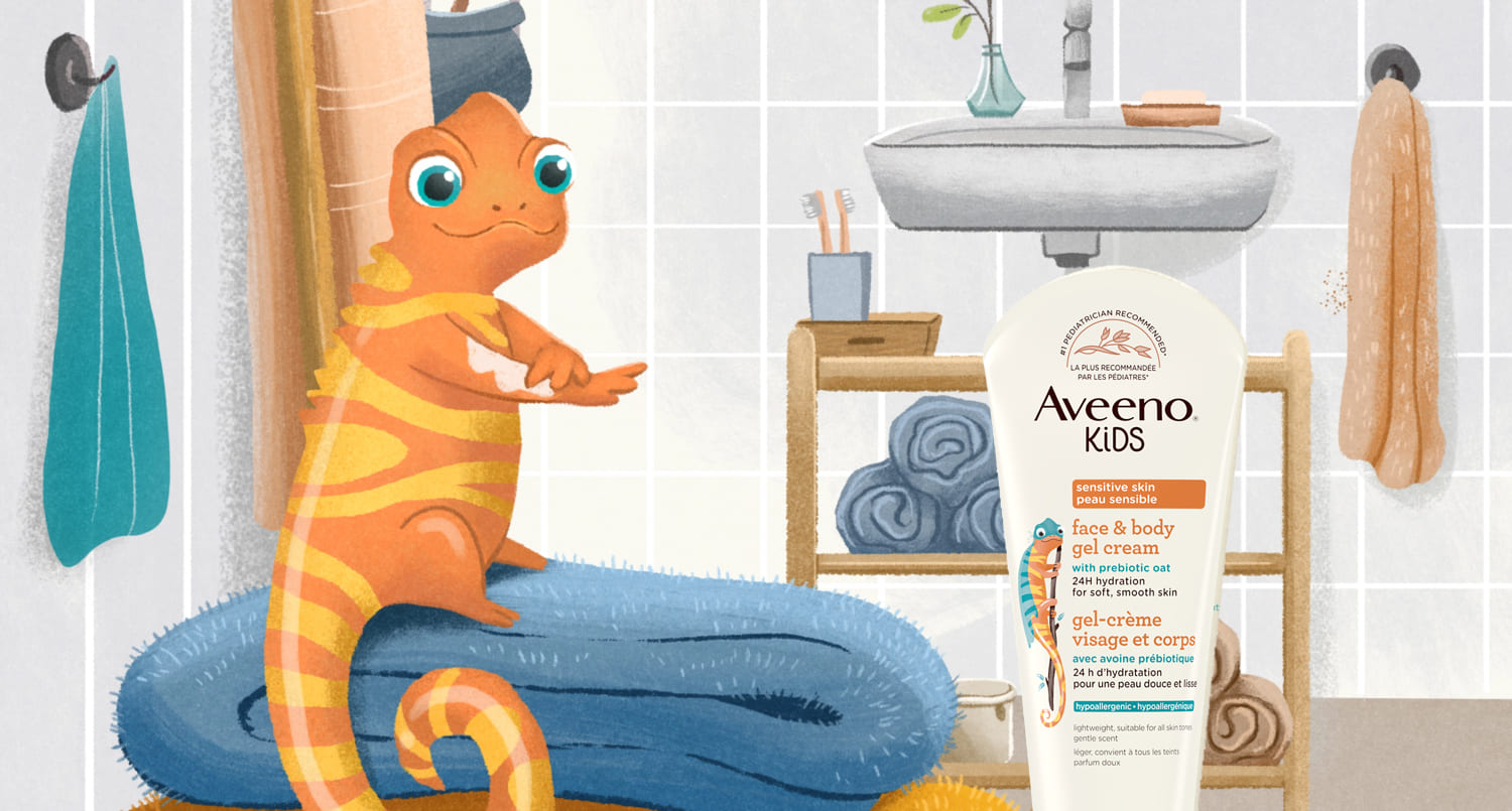 Leon the Chameleon moisturizing himself with the Aveeno® Kids Body & Gel Cream