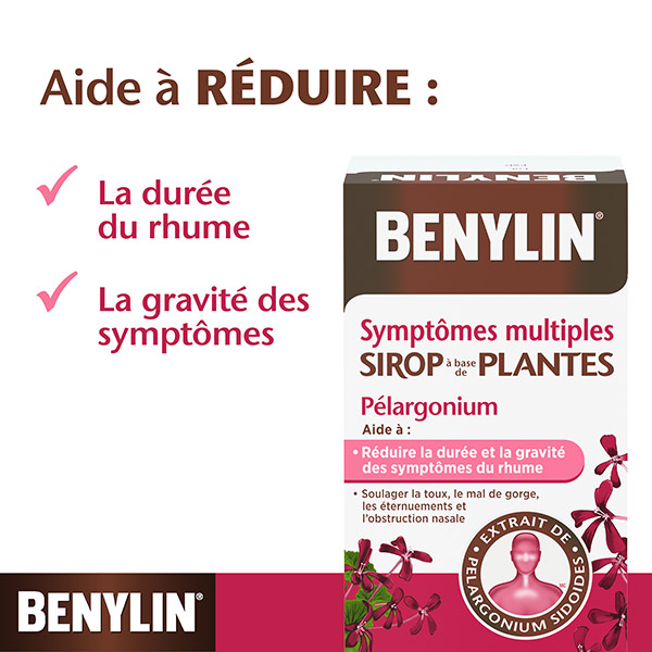 Le sirop à base de plantes BENYLIN® Symptômes multiples Pélargonium aide à réduire la durée et la gravité des symptômes du rhume 