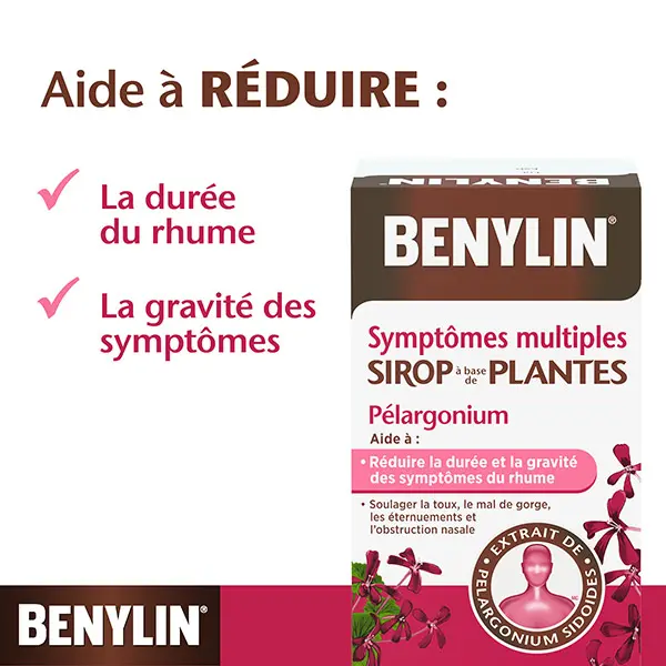 Le sirop à base de plantes BENYLIN® Symptômes multiples Pélargonium aide à réduire la durée et la gravité des symptômes du rhume 