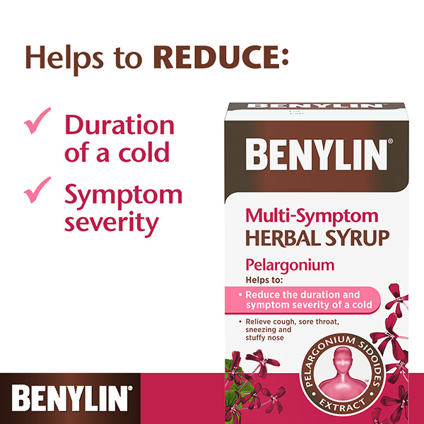 BENYLIN® Multi-Symptom Herbal Syrup Pelargonium helps to reduce the duration of a cold and symptom severity