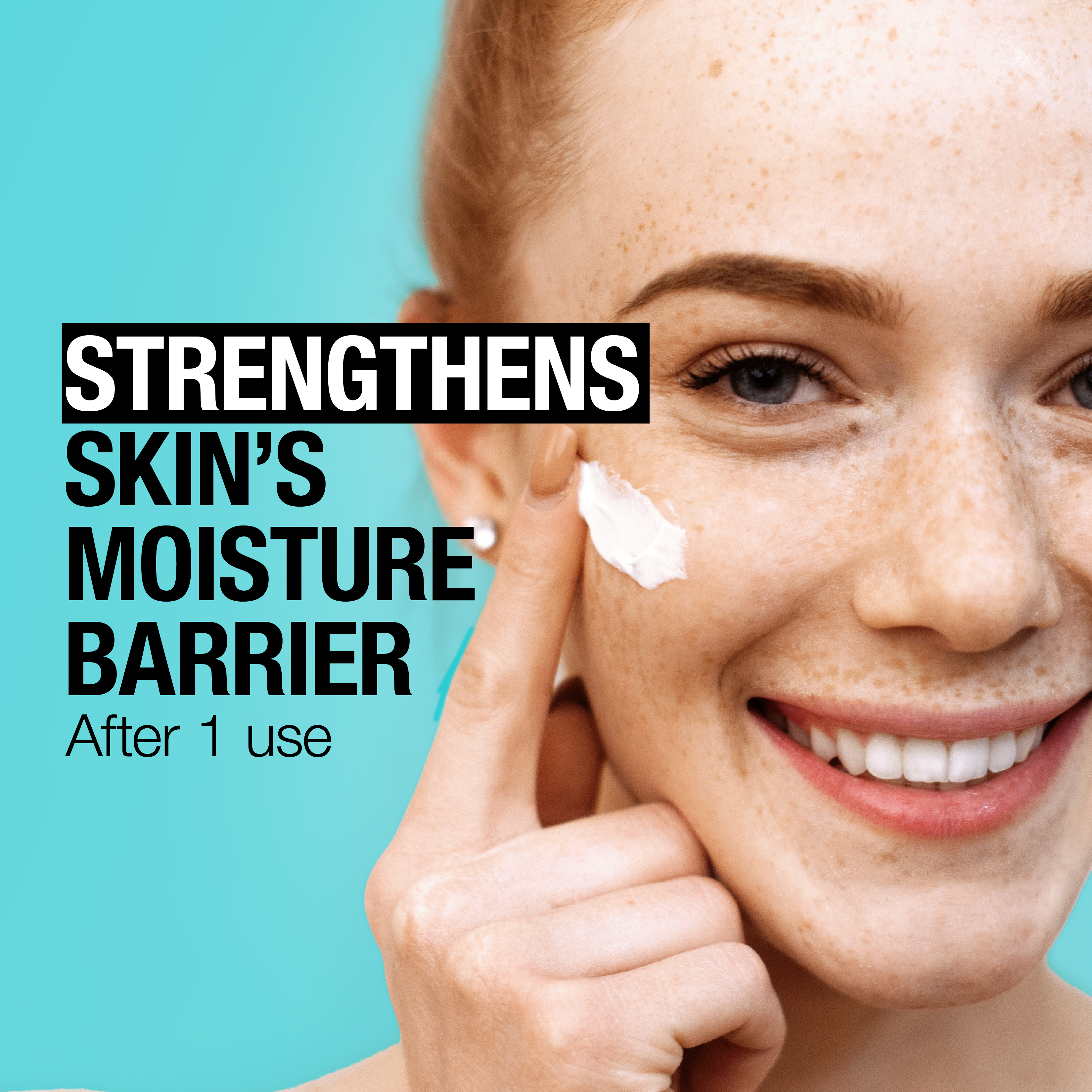 Young woman applying Neutrogena® Ultra Gentle Moisturizer on her face and smiling