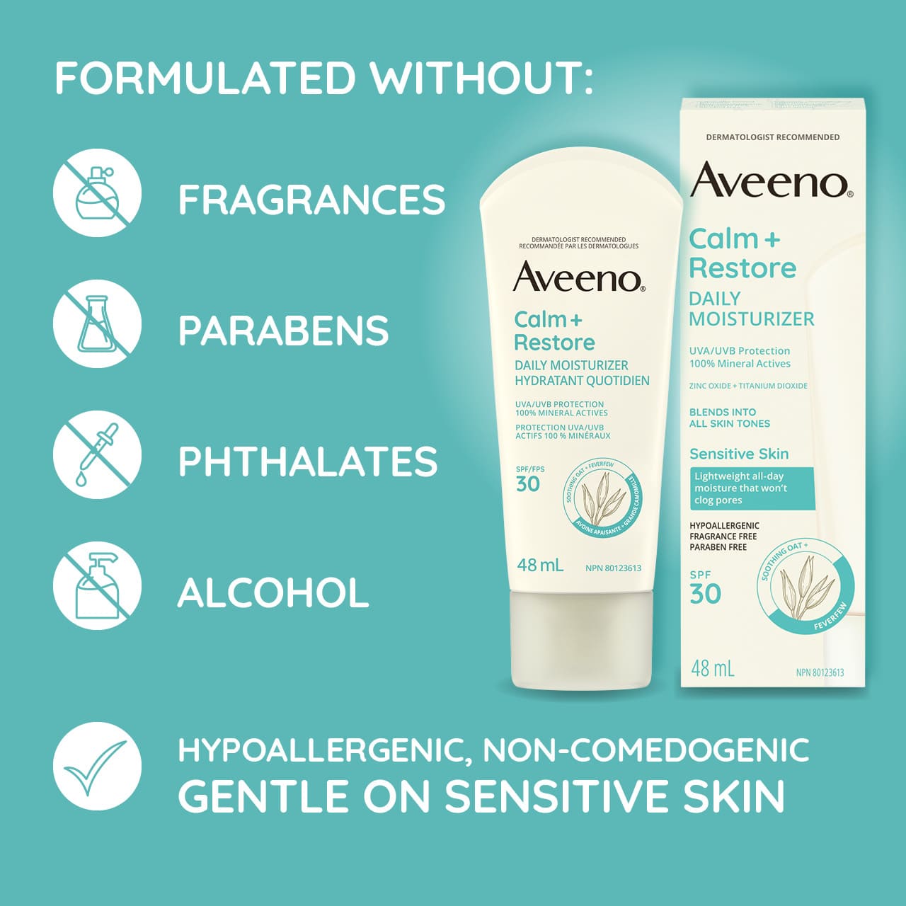 Hydratant quotidien avec écran solaire minéral FPS 30 Aveeno® Calm + Restore, tube à presser, boîte et information sur la formule du produit