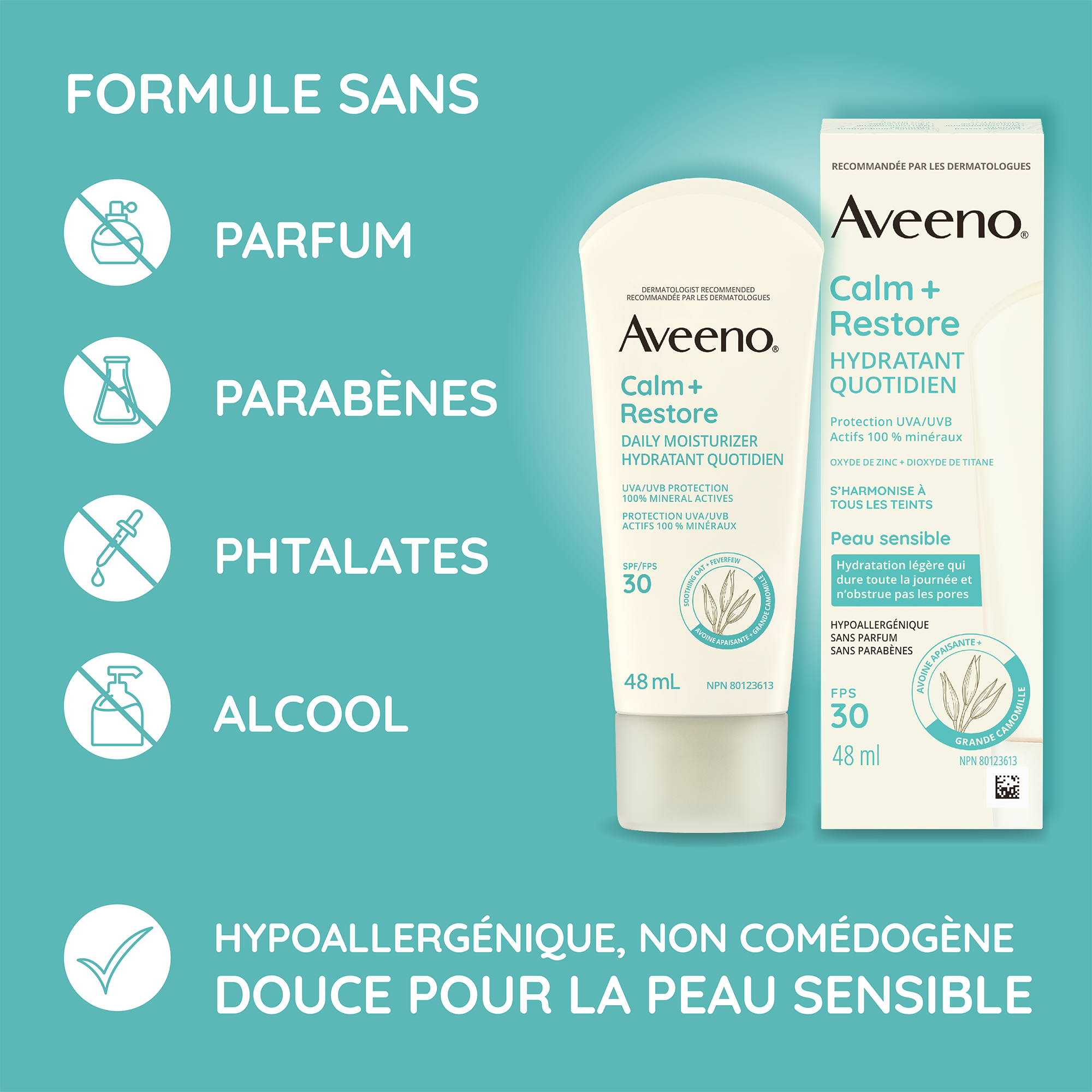 Hydratant quotidien avec écran solaire minéral FPS 30 Aveeno® Calm + Restore, tube à presser, boîte et information sur la formule du produit