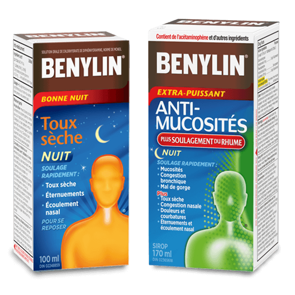 Sirop BENYLIN® Bonne nuit pour la toux sèche et sirop BENYLIN® ANTI-MUCOSITÉS PLUS SOULAGEMENT DU RHUME NUIT