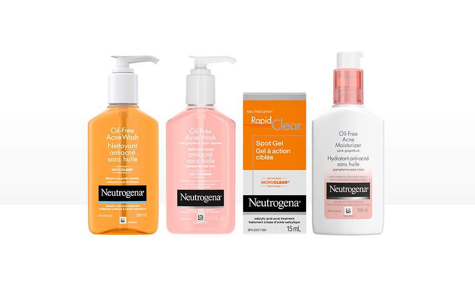 A banner displaying four NEUTROGENA® acne wash, spot treatment gel and moisturizer products