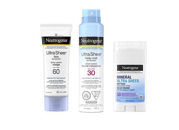 Vue de face de trois écrans solaires Neutrogena® ULTRA SHEER® : l'écran solaire pour le visage, FPS 60; l'écran solaire en bruine corporelle, FPS 30; et l'écran solaire Sec au toucher en bâton pour le visage et le corps, FPS 50.