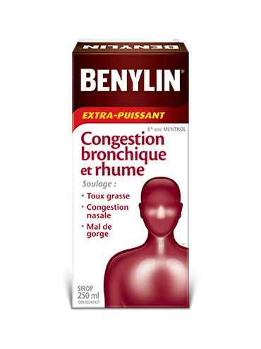 Sirop BENYLIN® Extra-puissant Congestion bronchique et rhume, 250 ml. Soulage : Toux grasse, congestion nasale et mal de gorge.